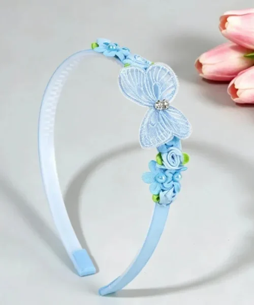 Serre-tête papillon fleuri pour fille bleu, papillon en tulle brodé, roses satinées et fleurs perlées