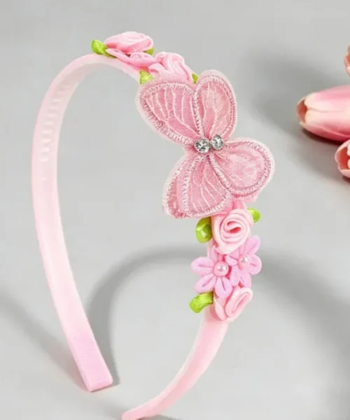 Serre-tête papillon fleuri pour fille rose, papillon en tulle brodé, roses satinées et fleurs perlées