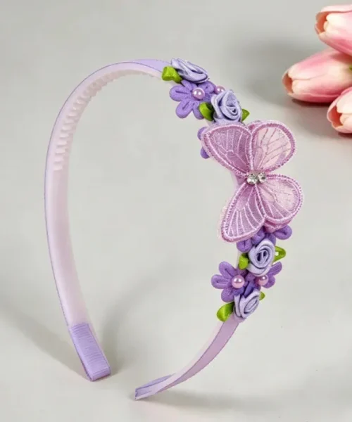 Serre-tête papillon fleuri pour fille violet, papillon en tulle brodé, roses satinées et fleurs perlées