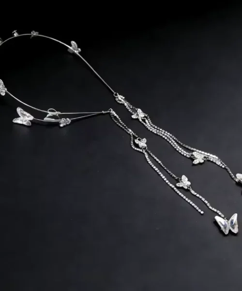 Serre-tête papillon à franges argenté, papillons en cristal irisé au bout des chaînes