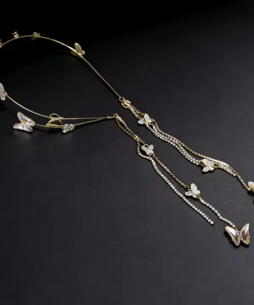 Serre-tête papillon à franges doré, arceau fin à papillons et chaînes de strass