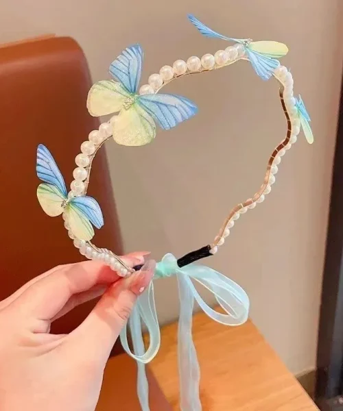 Serre-tête papillon perles et ruban bleu et jaune, arceau ondulé perlé, papillons en voile et nœud d'organza