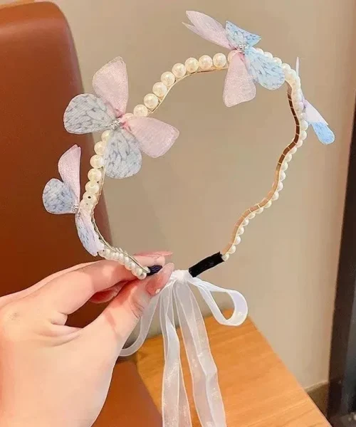 Serre-tête papillon perles et ruban pastel, arceau ondulé perlé, papillons en voile et nœud d'organza