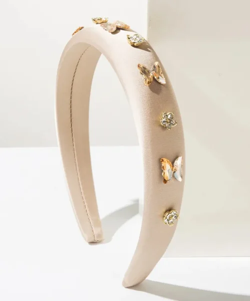Serre-tête papillon rembourré beige, large arceau satiné orné de papillons en pierres taillées et fleurs dorées