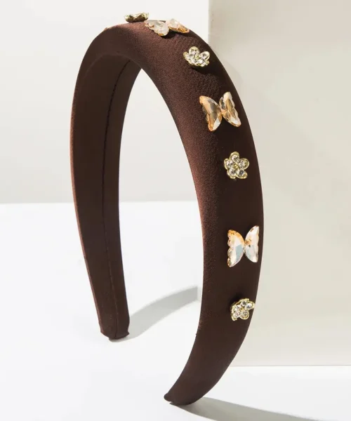 Serre-tête papillon rembourré marron, large arceau satiné orné de papillons en pierres taillées et fleurs dorées