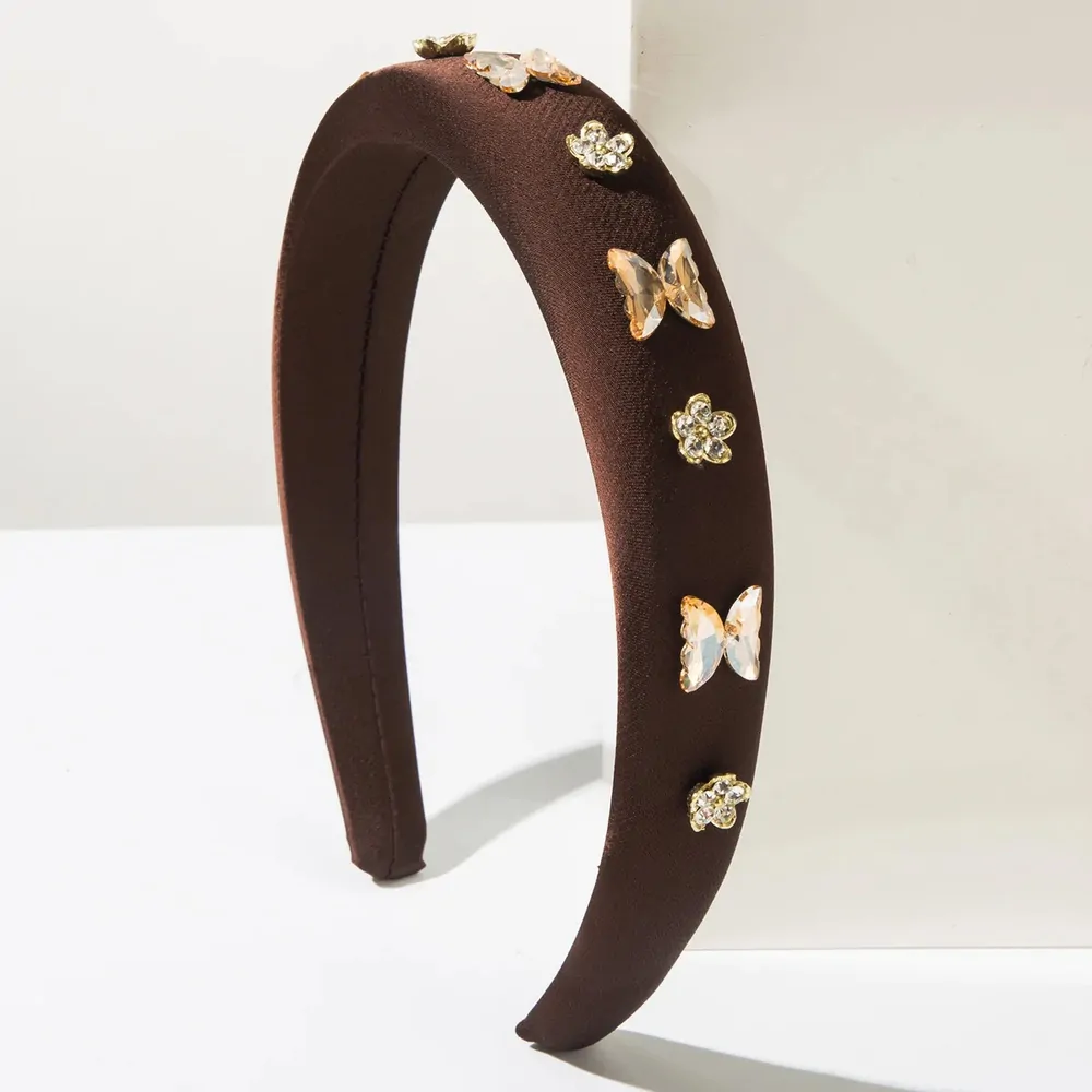 Serre-tête papillon rembourré marron, large arceau satiné orné de papillons en pierres taillées et fleurs dorées
